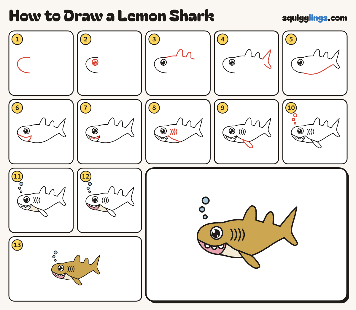 How to Draw a Lemon Shark step by step: all 13 steps in one picture