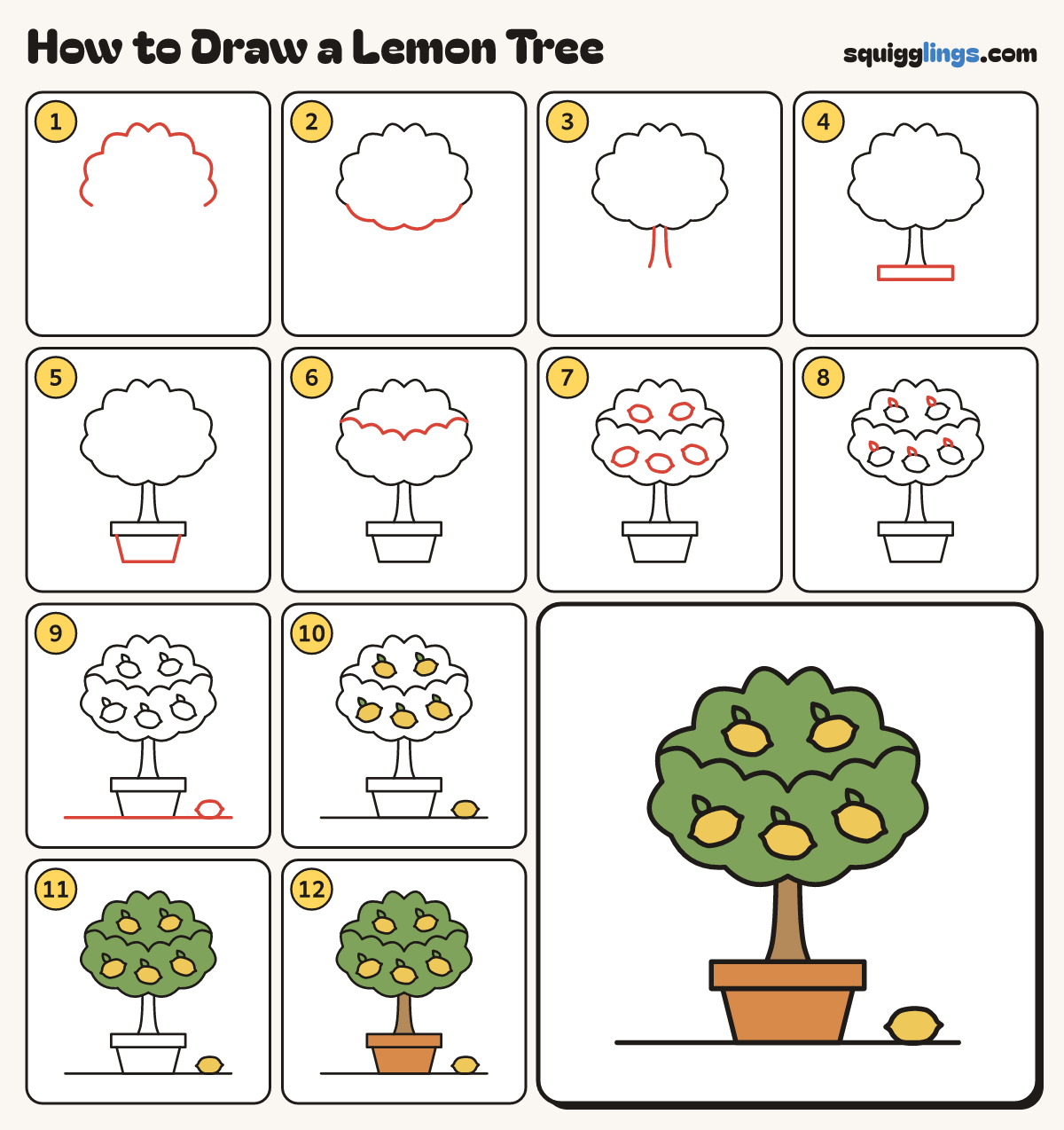 How to Draw a Lemon Tree step by step: all 12 steps in one picture