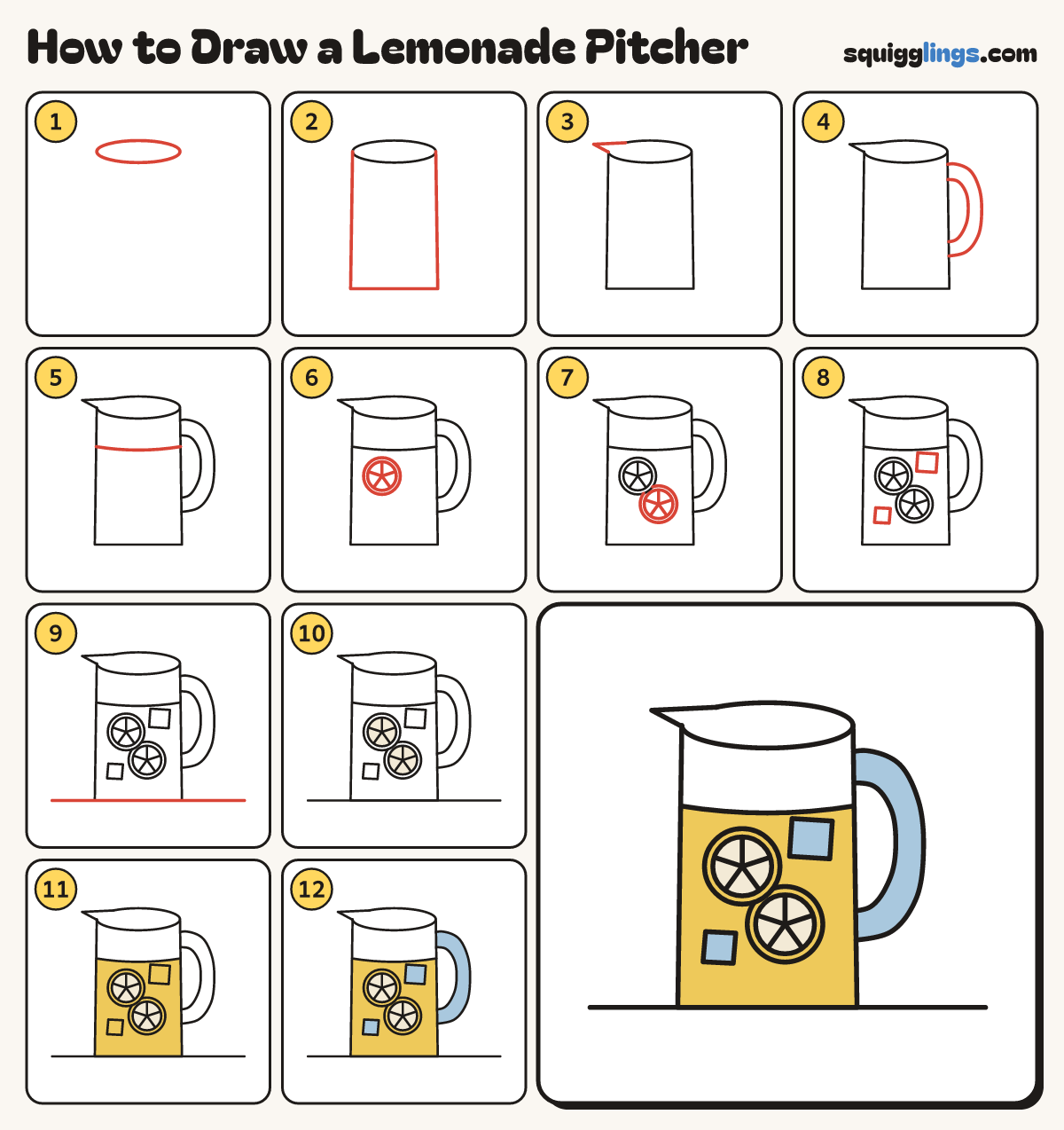 How to Draw a Lemonade Pitcher step by step: all 12 steps in one picture