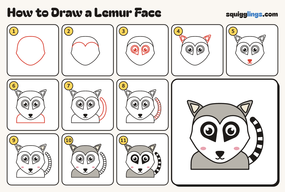 How to Draw a Lemur Face step by step: all 11 steps in one picture
