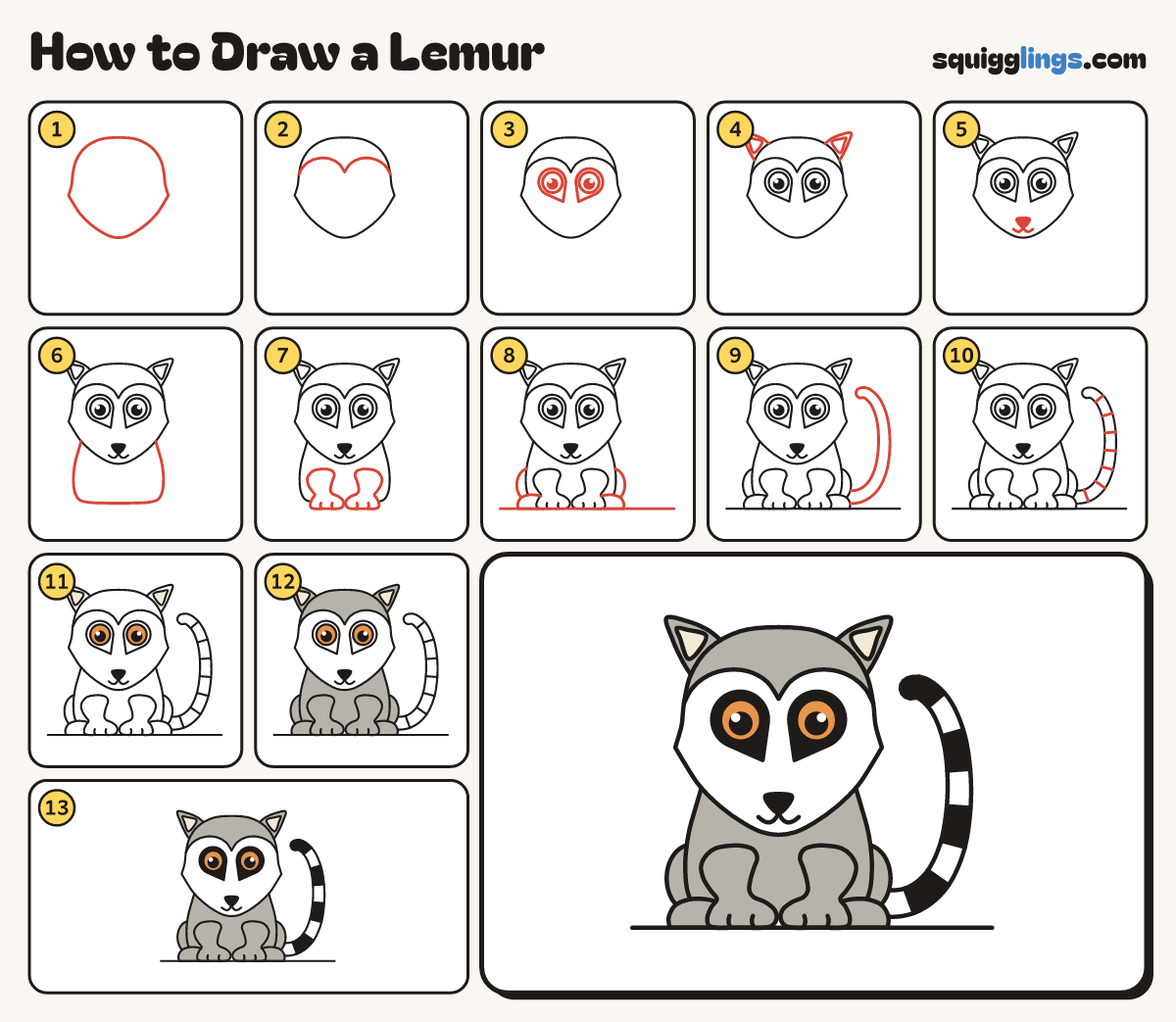 How to Draw a Lemur step by step: all 13 steps in one picture