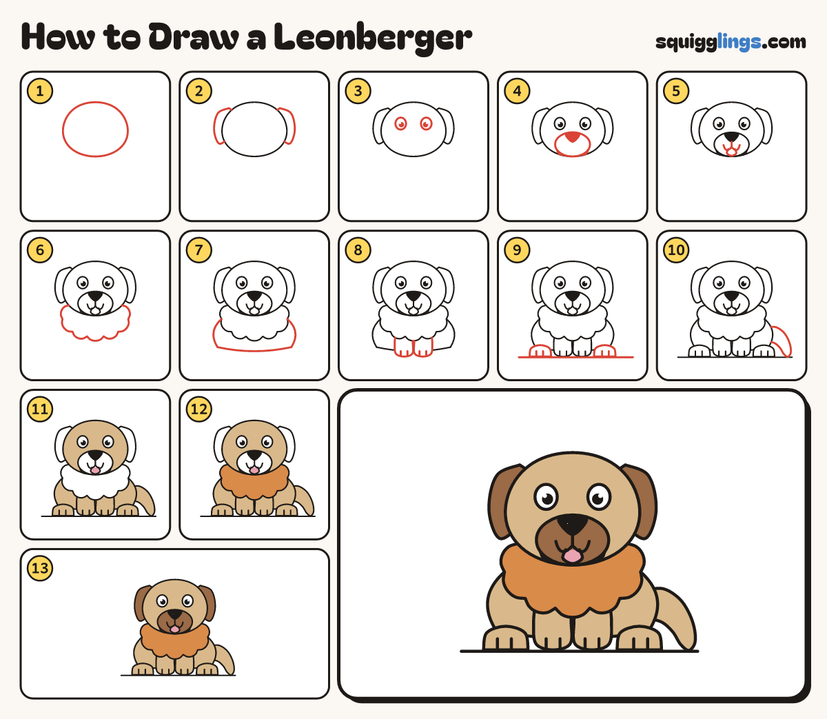 How to Draw a Leonberger step by step: all 13 steps in one picture