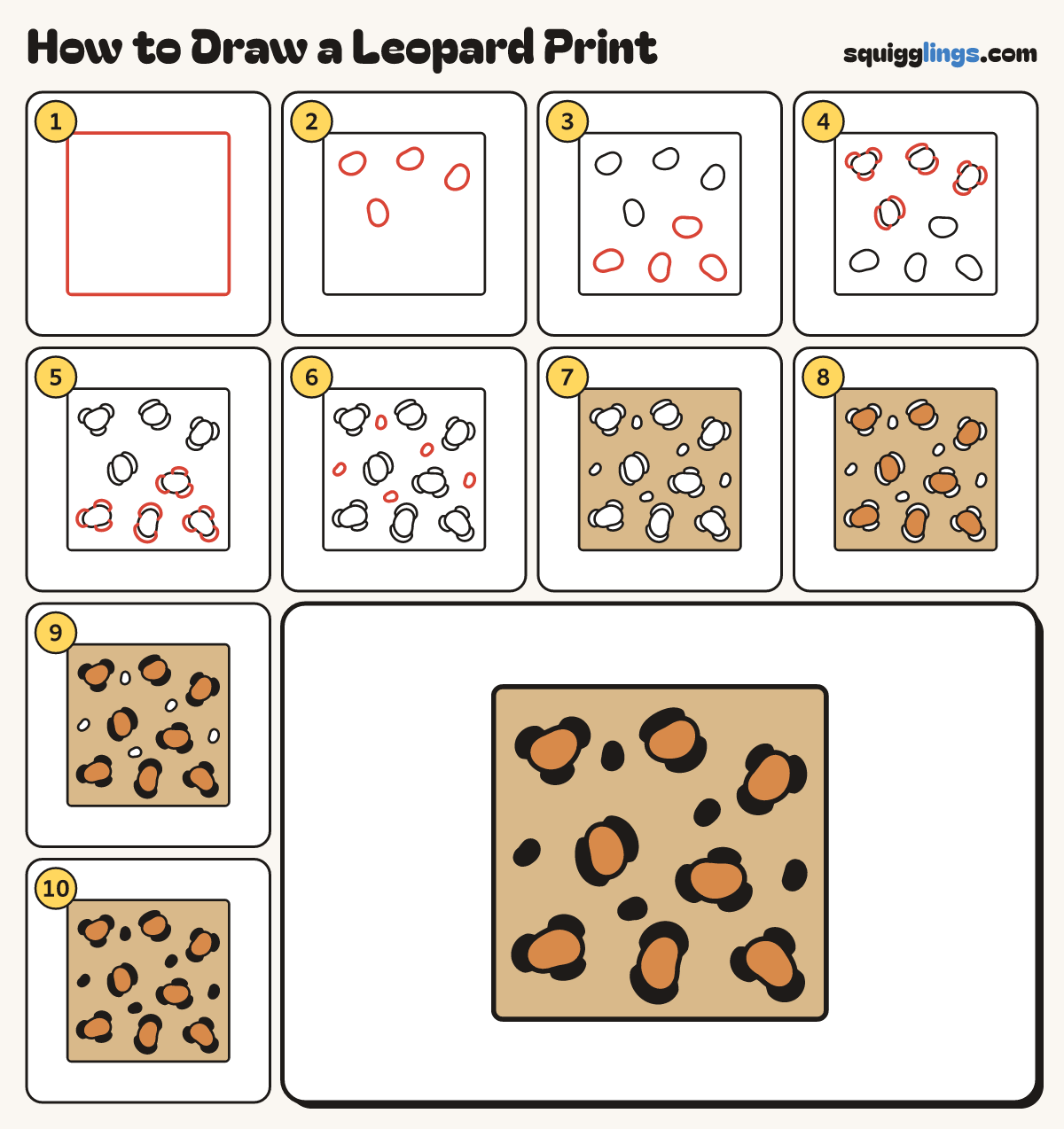 How to Draw a Leopard Print step by step: all 10 steps in one picture