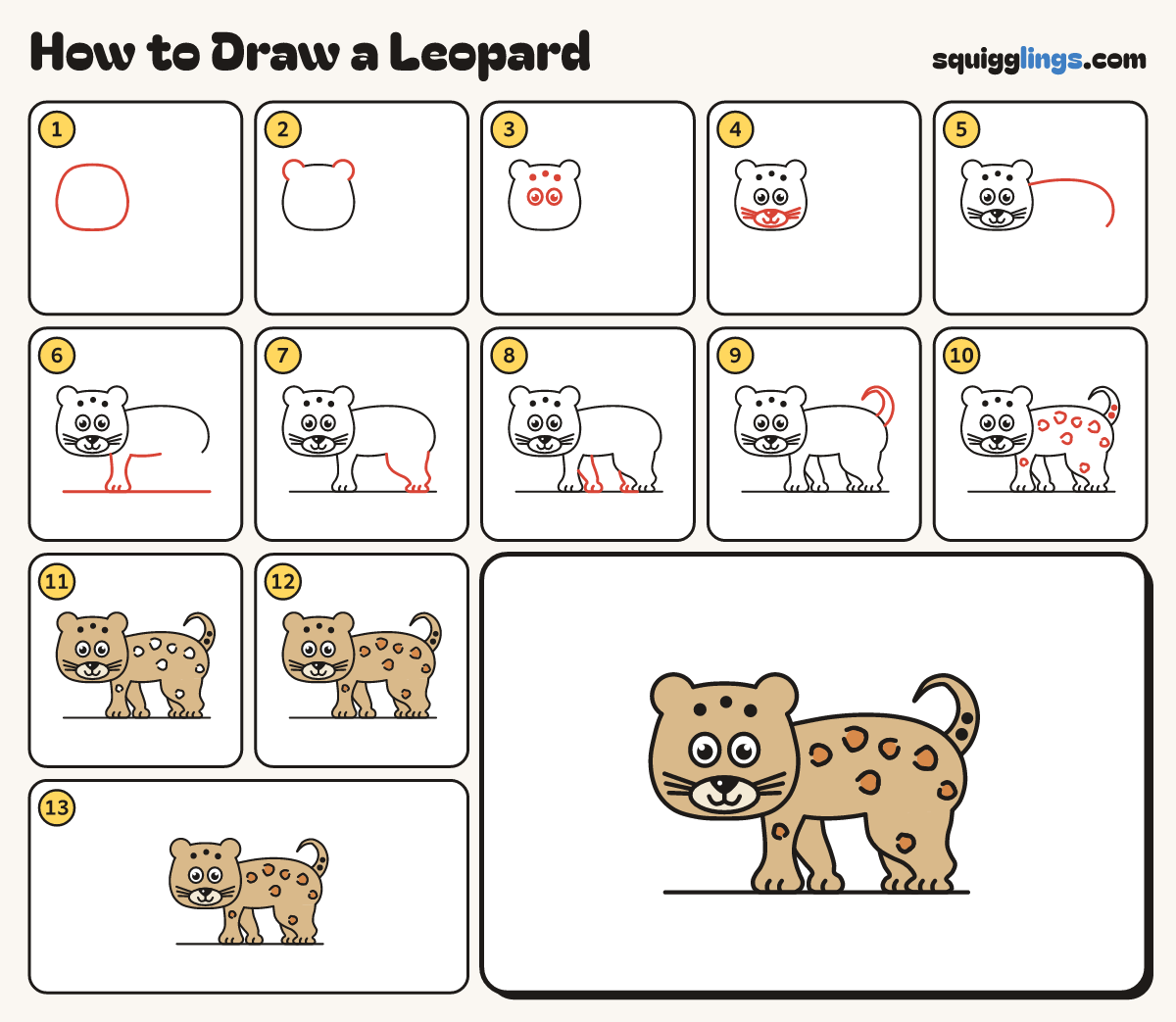 How to Draw a Leopard step by step: all 13 steps in one picture