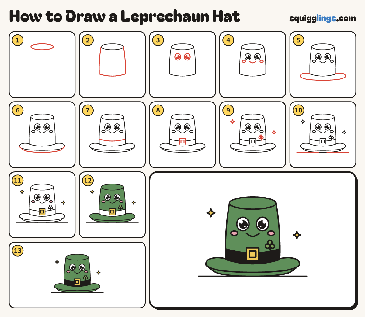 How to Draw a Leprechaun Hat step by step: all 13 steps in one picture