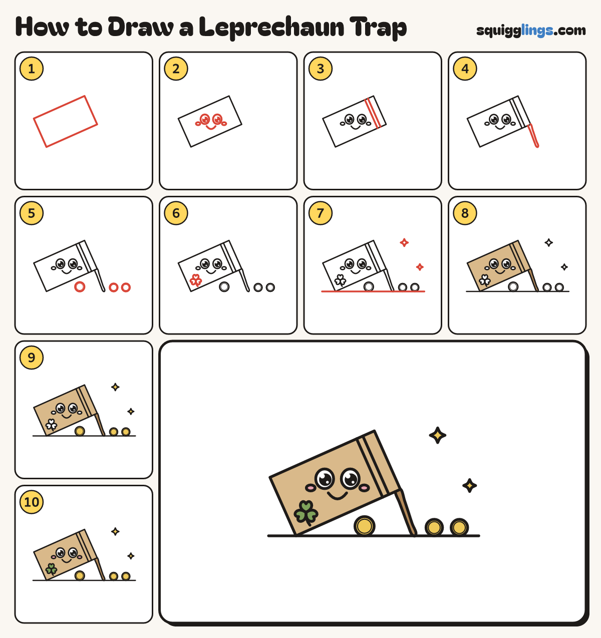 How to Draw a Leprechaun Trap step by step: all 10 steps in one picture