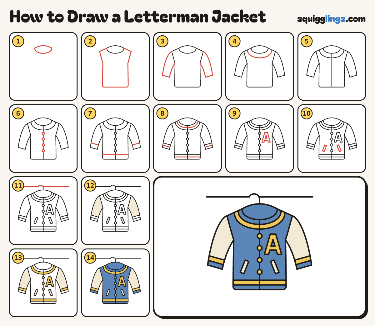 How to Draw a Letterman Jacket step by step: all 14 steps in one picture