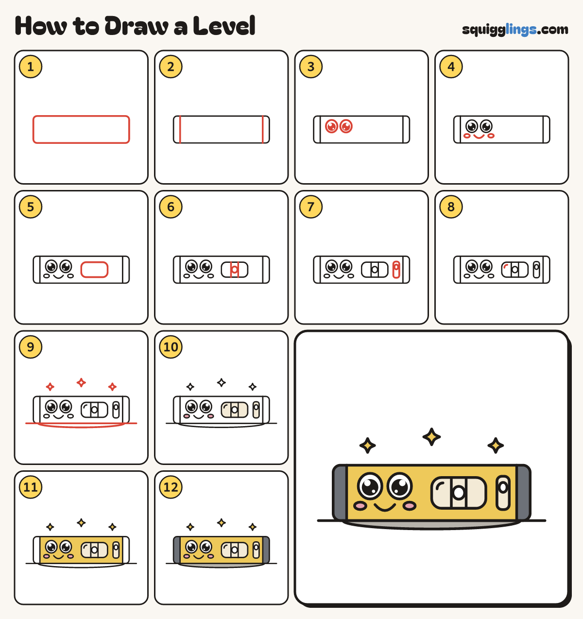 How to Draw a Level step by step: all 12 steps in one picture
