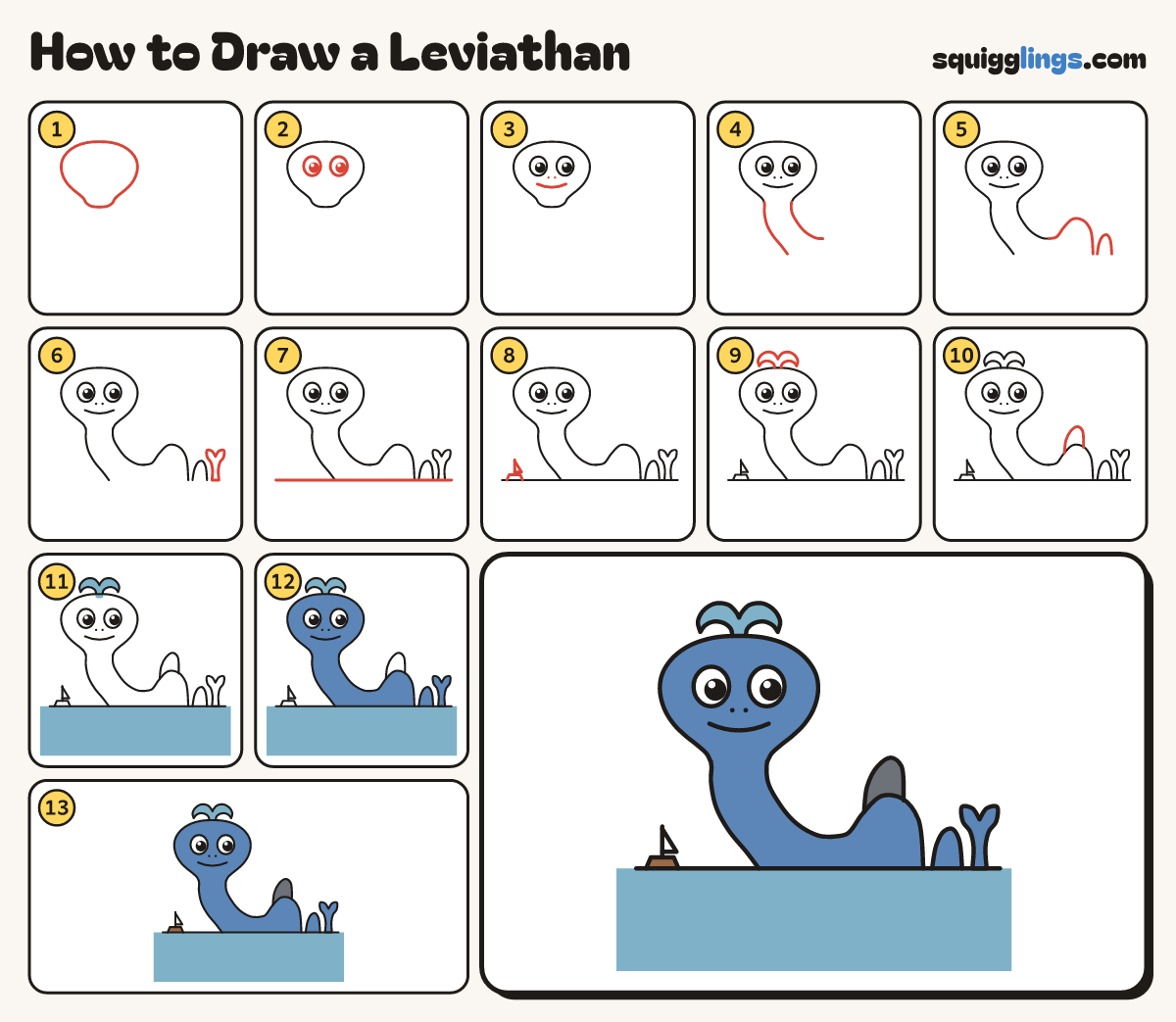 How to Draw a Leviathan step by step: all 13 steps in one picture