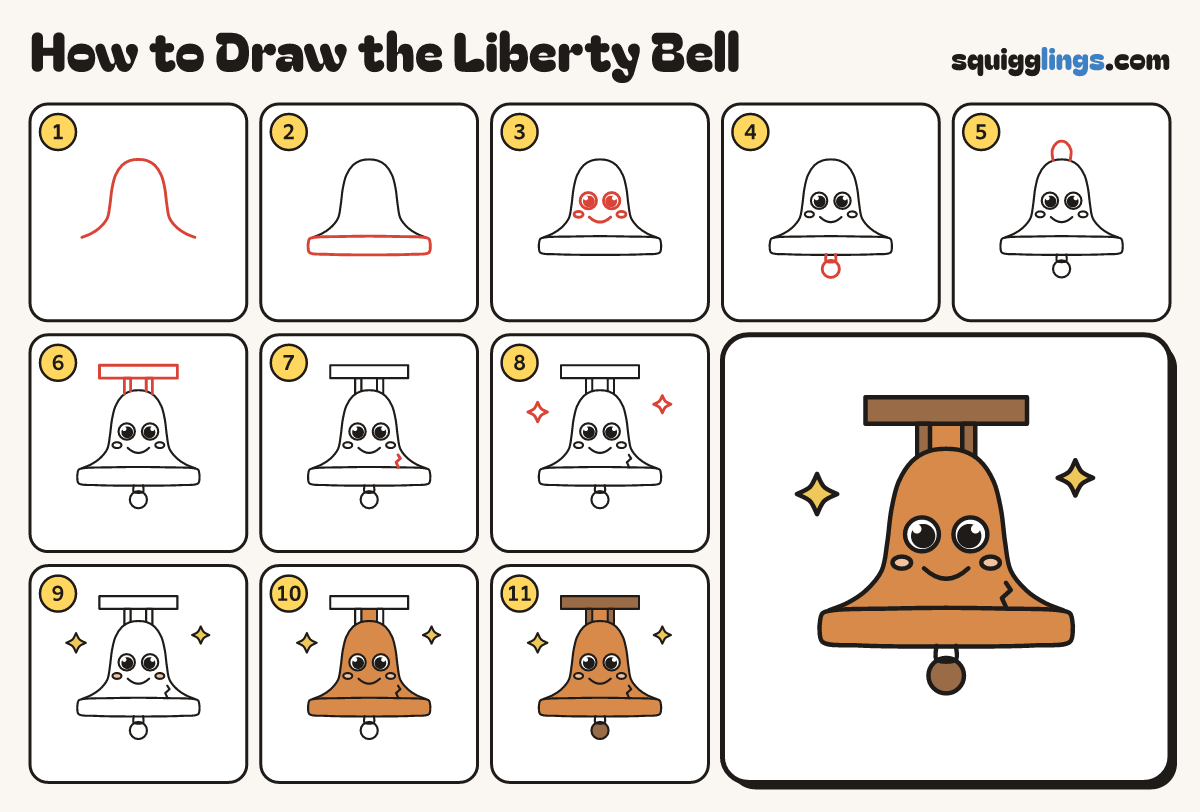 How to Draw the Liberty Bell step by step: all 11 steps in one picture