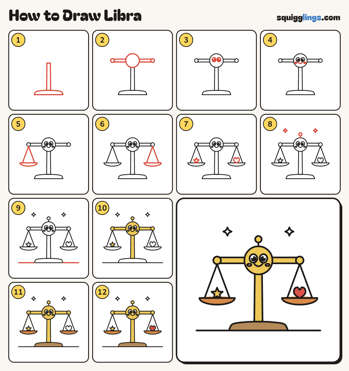 How to Draw Libra step by step: all 12 steps in one picture