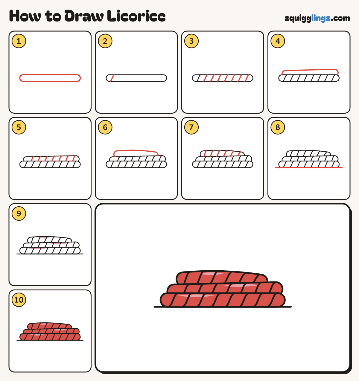 How to Draw Licorice step by step: all 10 steps in one picture