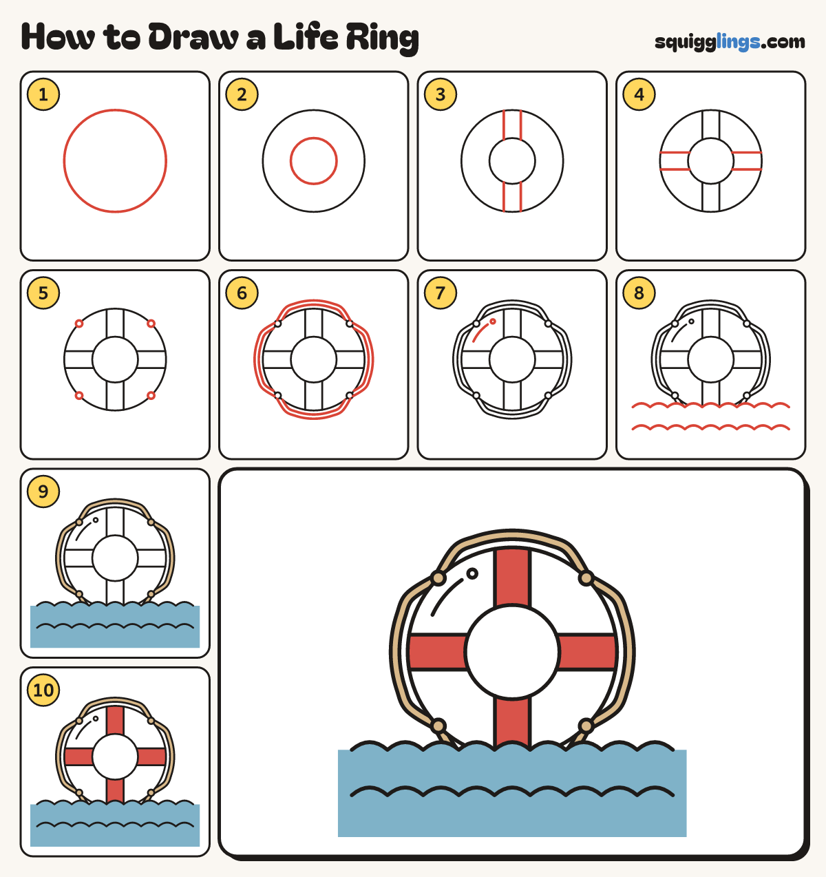 How to Draw a Life Ring step by step: all 10 steps in one picture