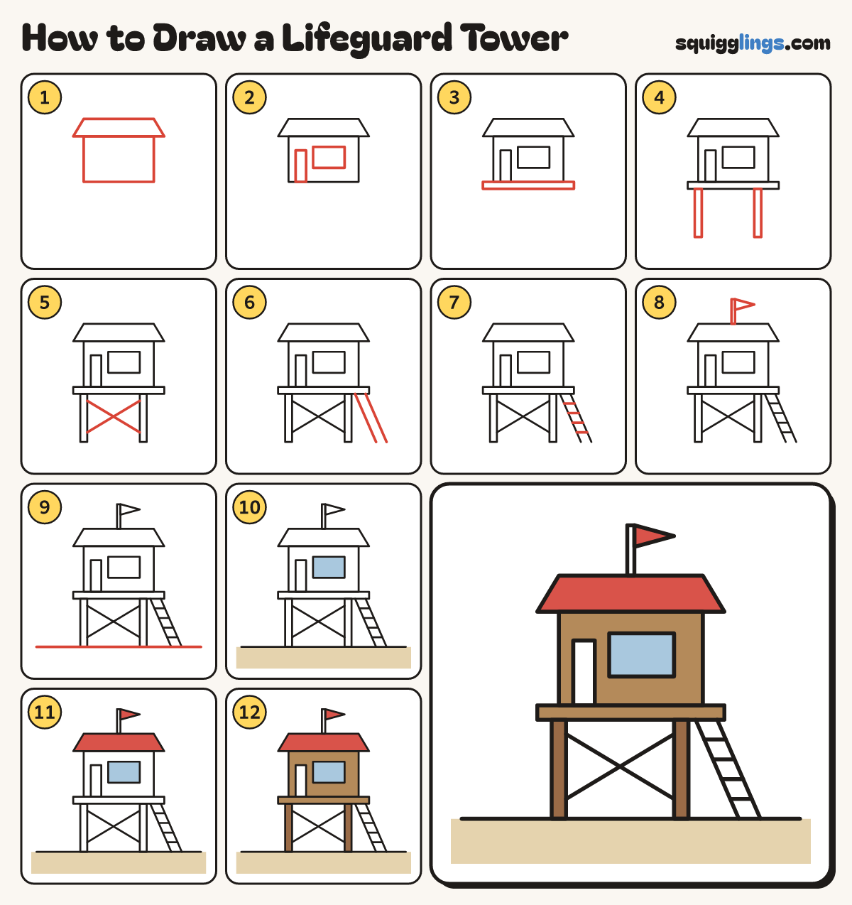 How to Draw a Lifeguard Tower step by step: all 12 steps in one picture