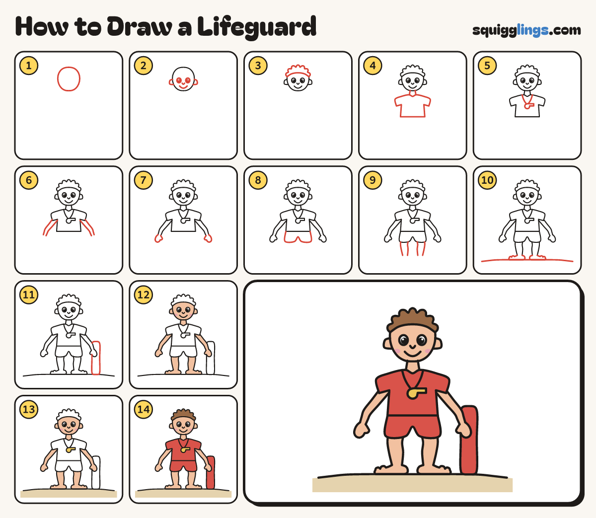 How to Draw a Lifeguard step by step: all 14 steps in one picture