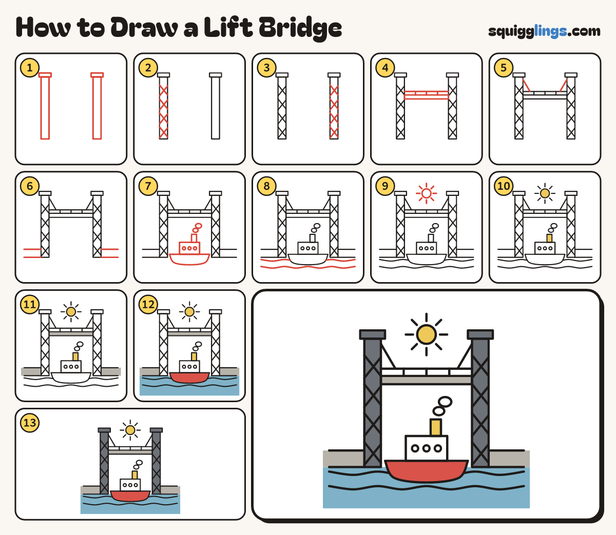 How to Draw a Lift Bridge step by step: all 13 steps in one picture