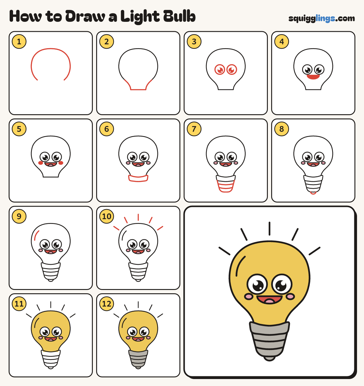 How to Draw a Light Bulb step by step: all 12 steps in one picture
