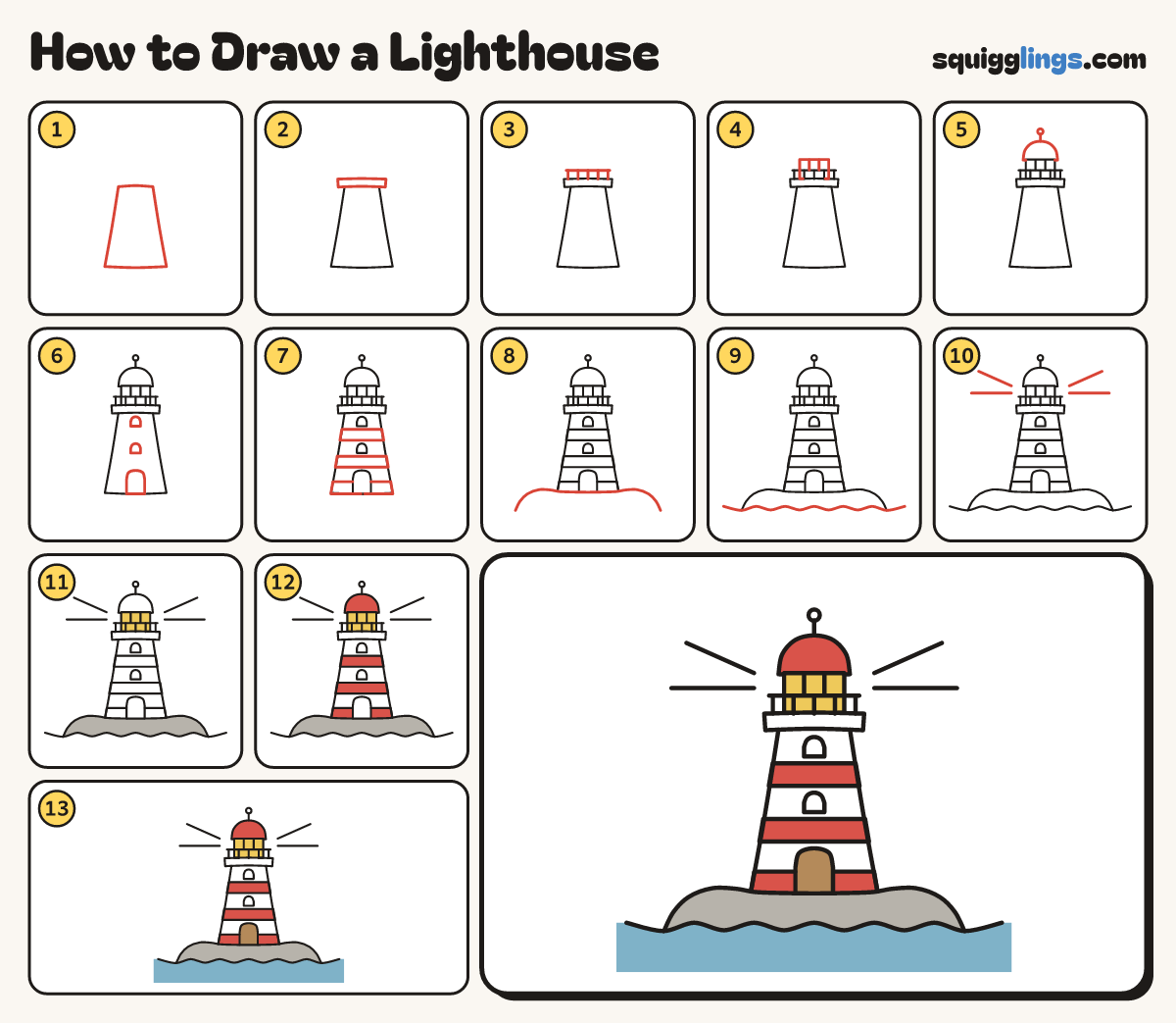 How to Draw a Lighthouse step by step: all 13 steps in one picture