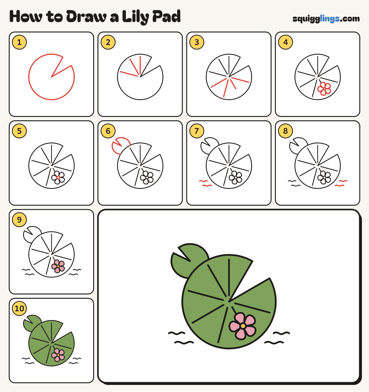 How to Draw a Lily Pad step by step: all 10 steps in one picture