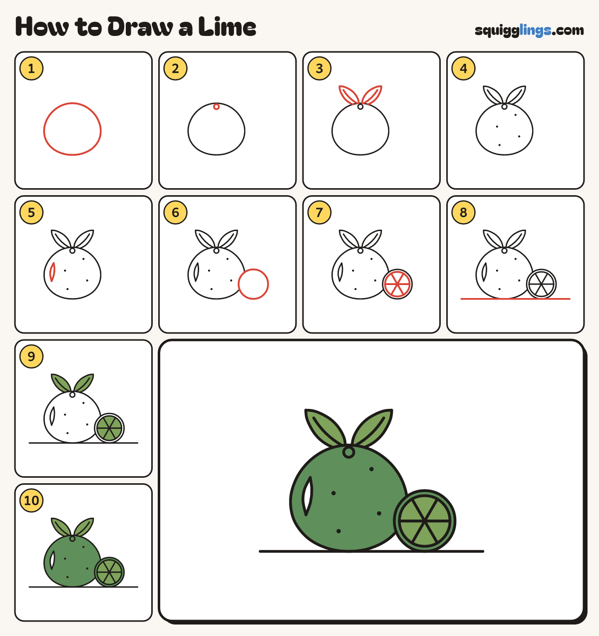 How to Draw a Lime step by step: all 10 steps in one picture