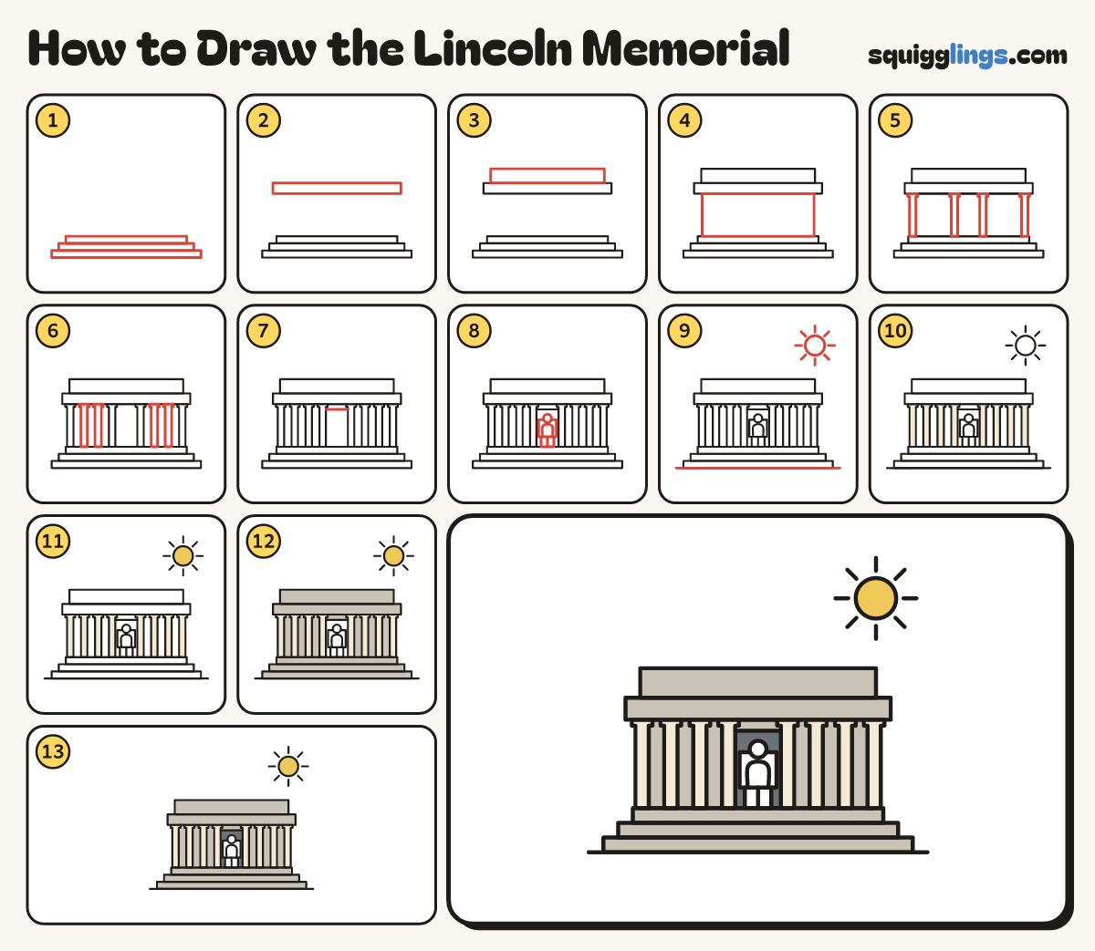 How to Draw the Lincoln Memorial step by step: all 13 steps in one picture