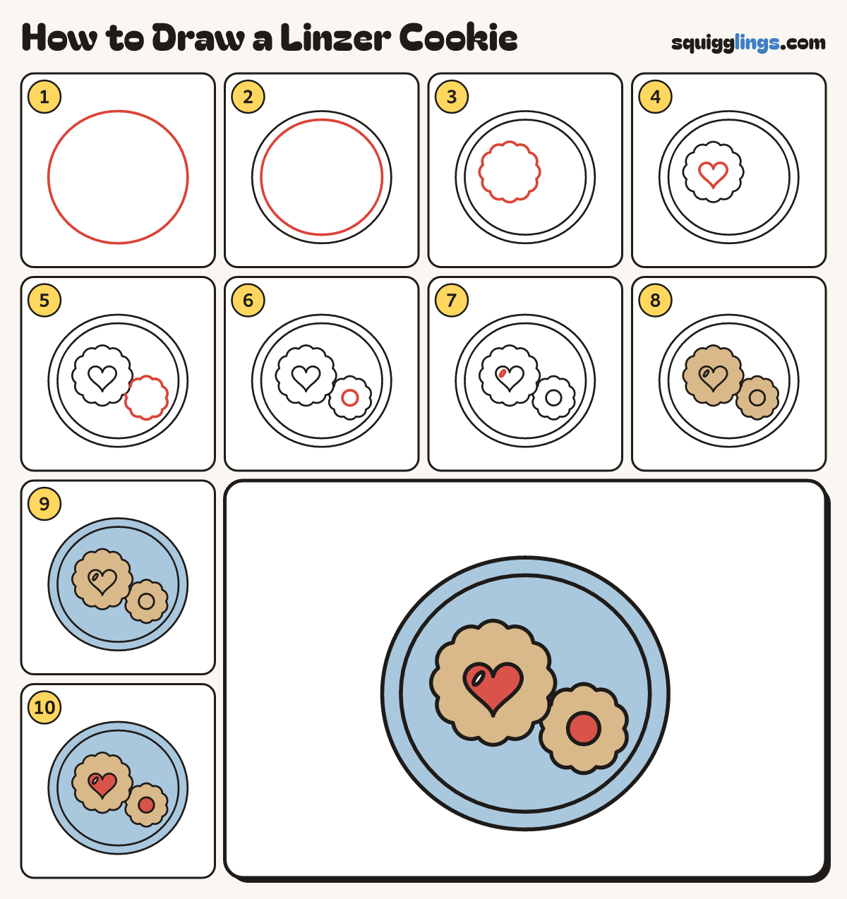 How to Draw a Linzer Cookie step by step: all 10 steps in one picture