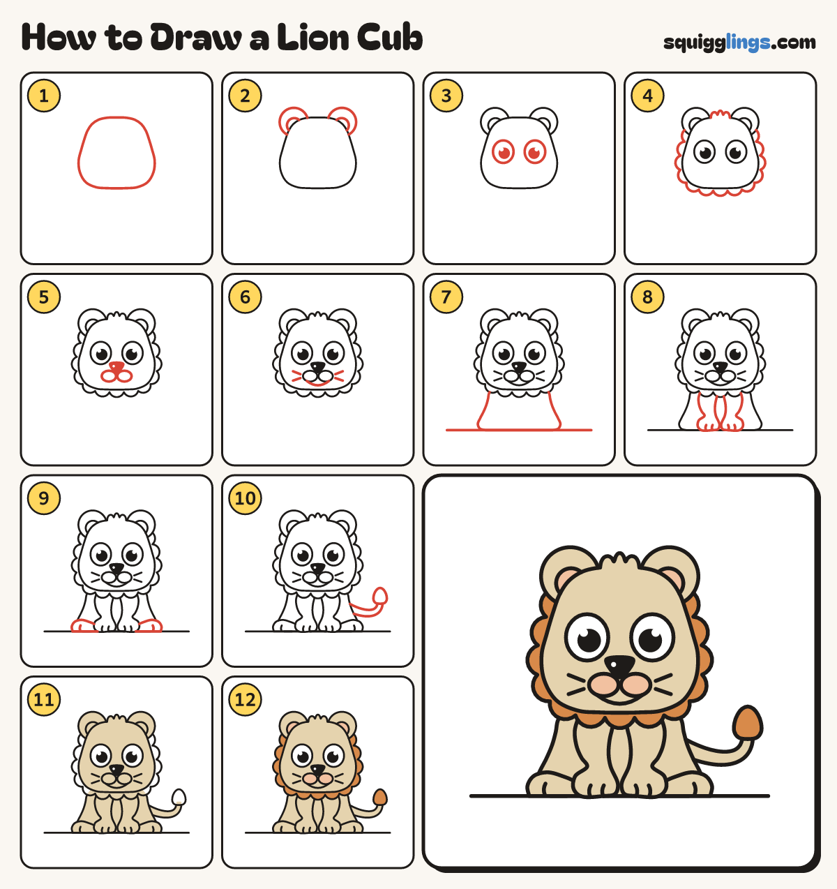 How to Draw a Lion Cub step by step: all 12 steps in one picture
