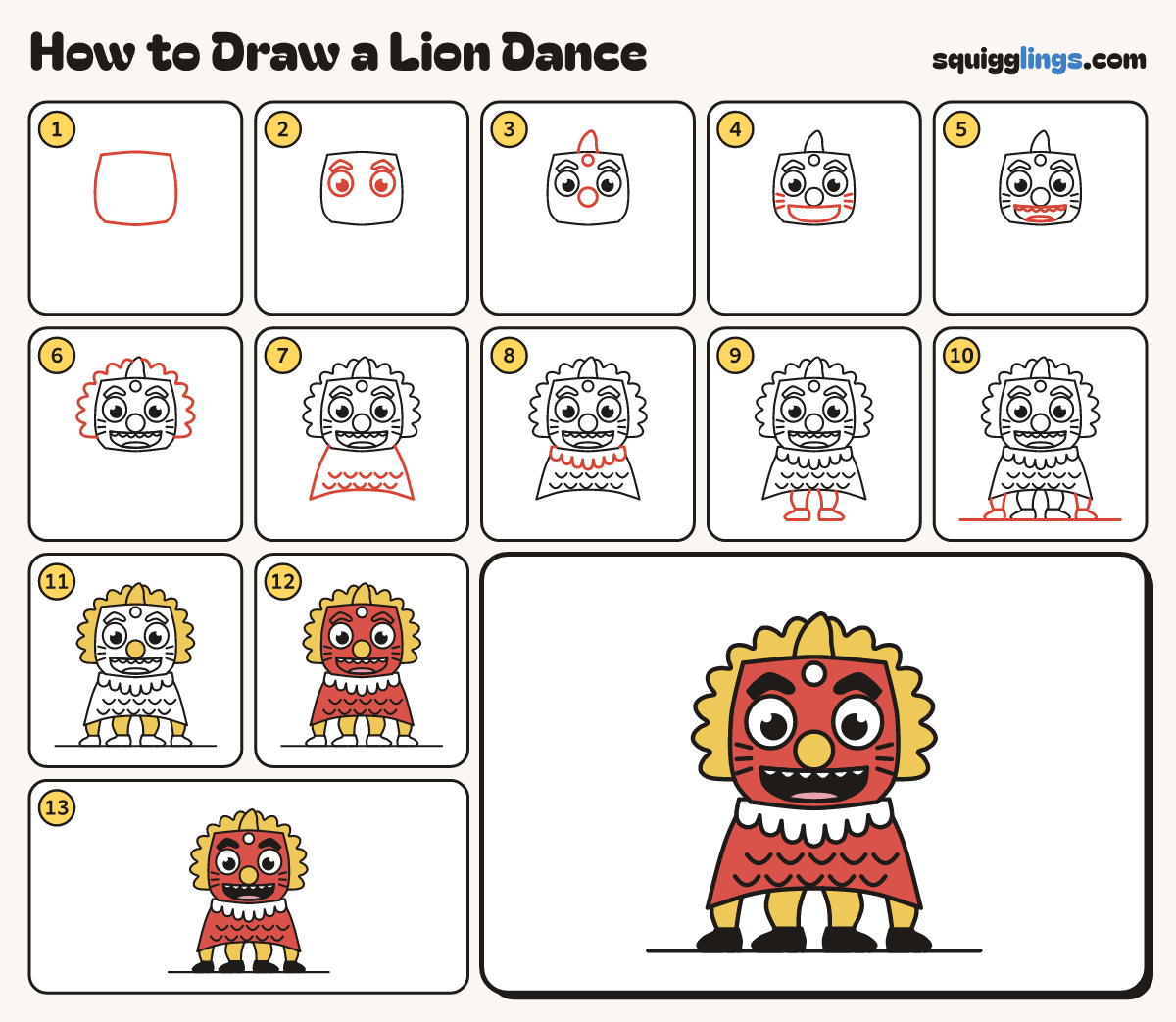How to Draw a Lion Dance step by step: all 13 steps in one picture