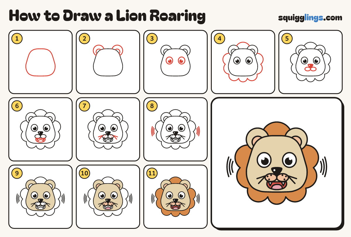 How to Draw a Lion Roaring step by step: all 11 steps in one picture