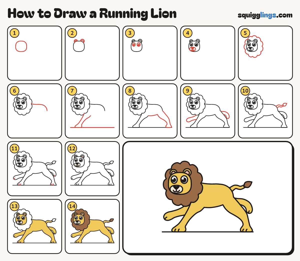 How to Draw a Running Lion step by step: all 14 steps in one picture