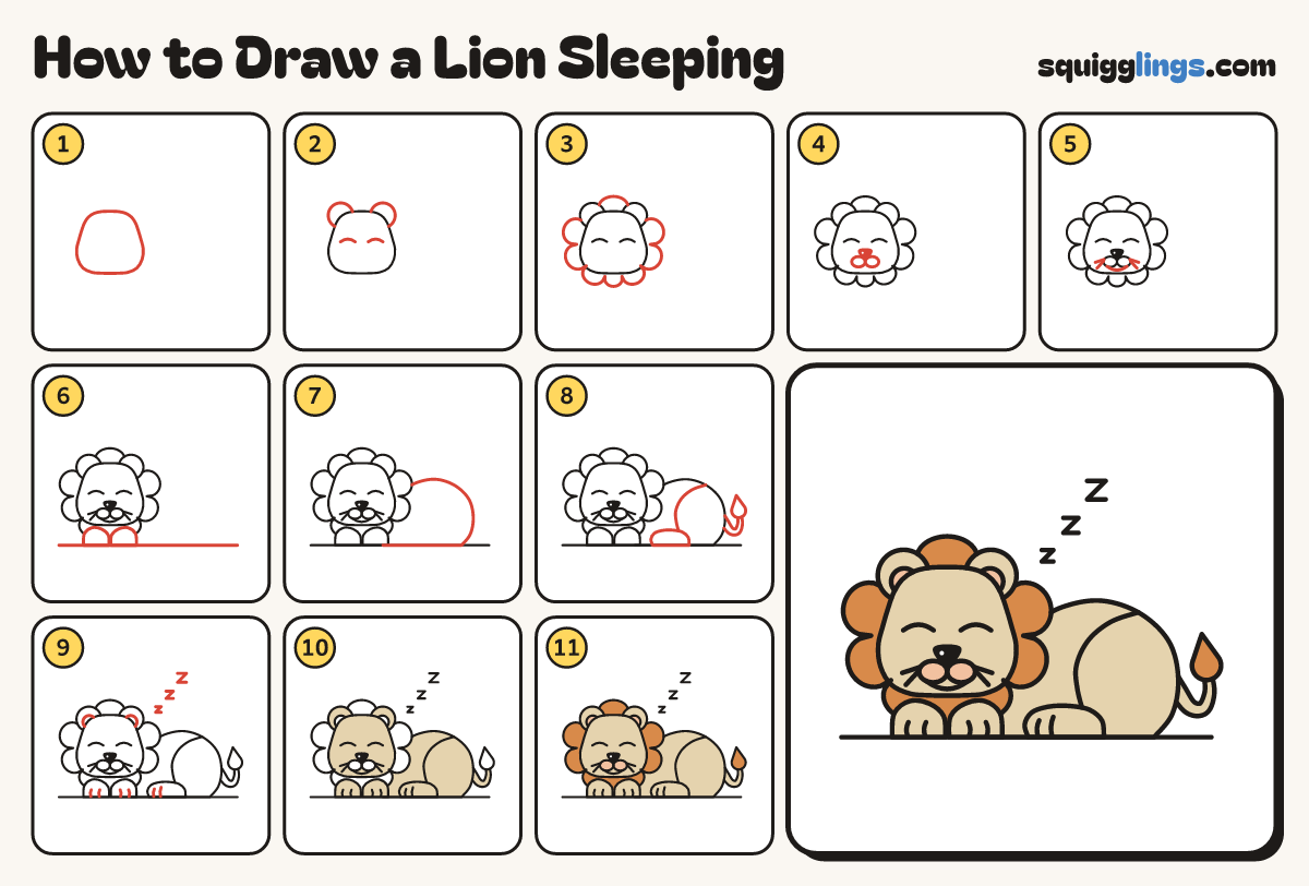 How to Draw a Lion Sleeping step by step: all 11 steps in one picture