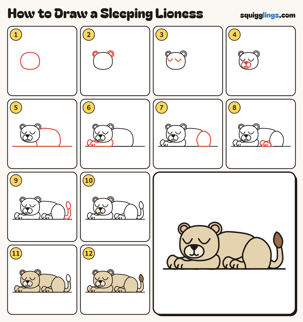 How to Draw a Sleeping Lioness step by step: all 12 steps in one picture