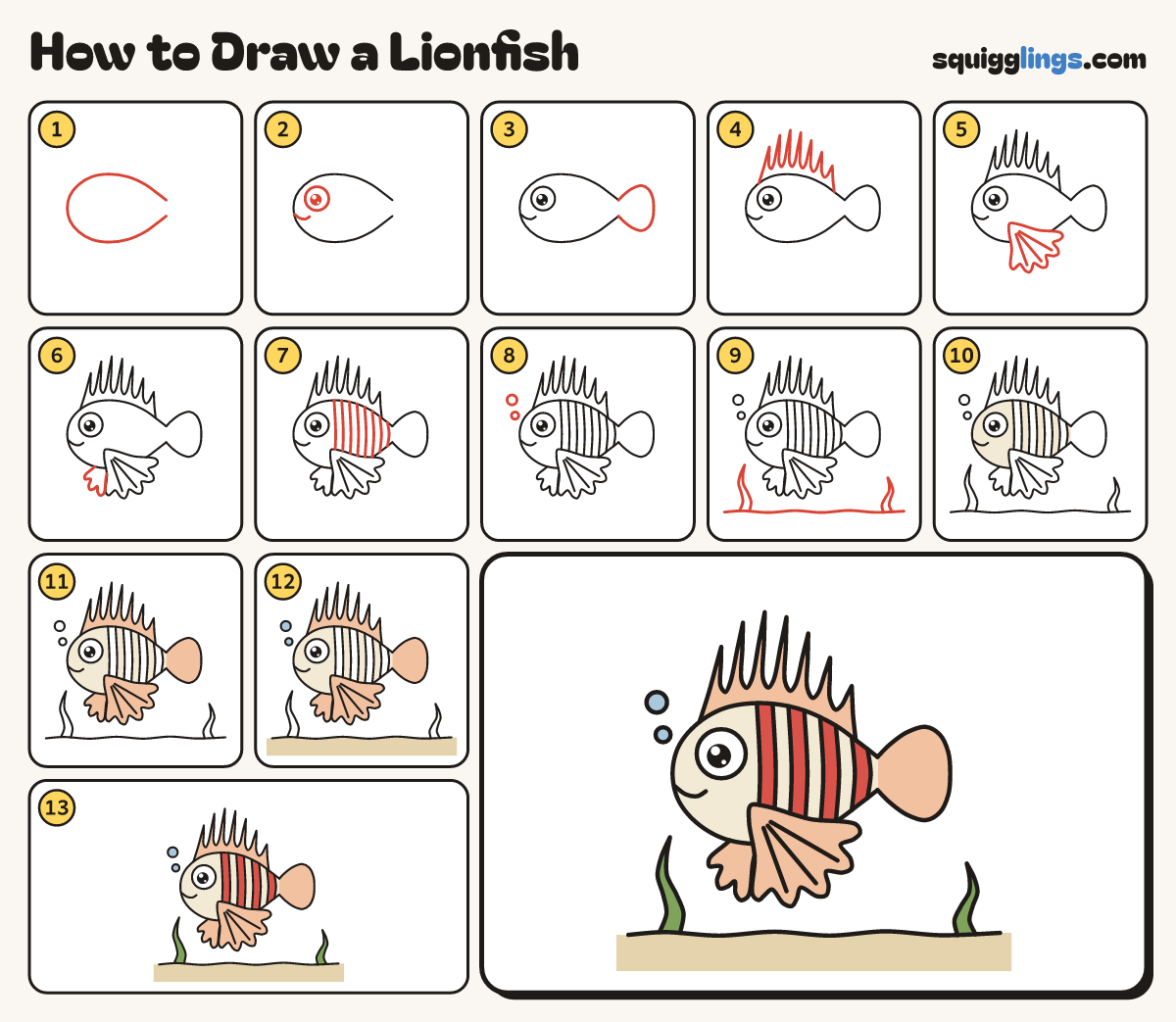 How to Draw a Lionfish step by step: all 13 steps in one picture