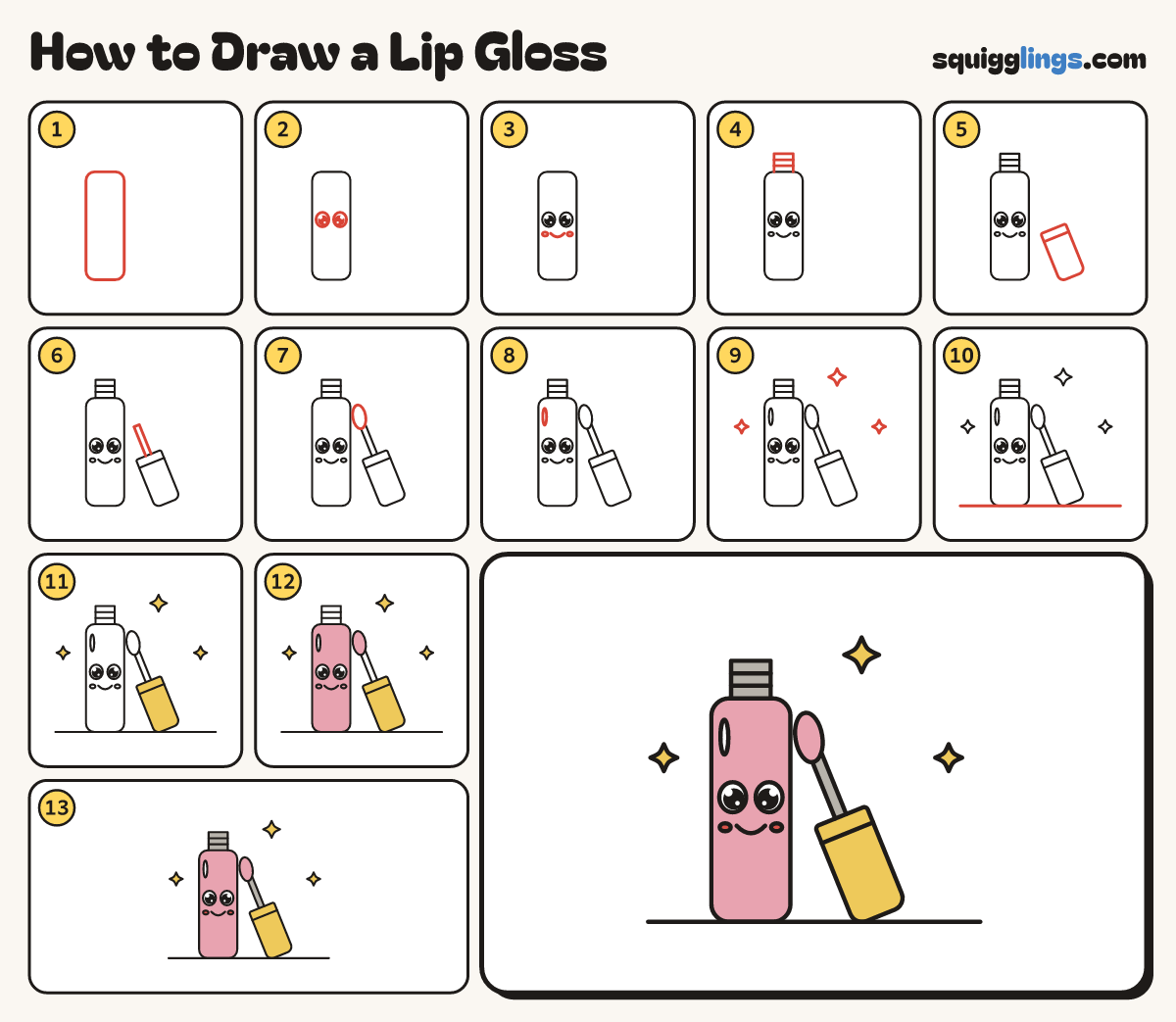 How to Draw a Lip Gloss step by step: all 13 steps in one picture
