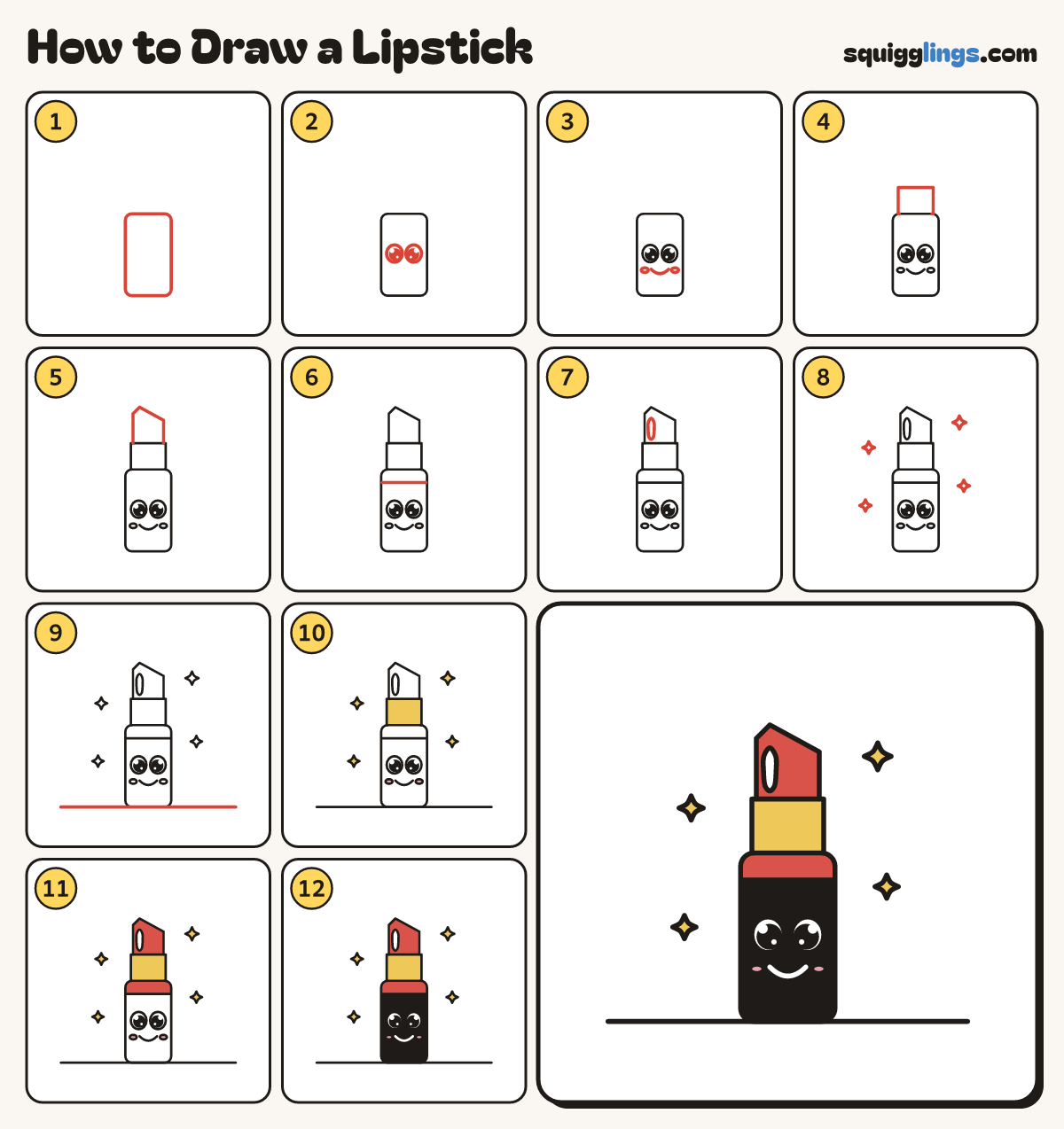 How to Draw a Lipstick step by step: all 12 steps in one picture