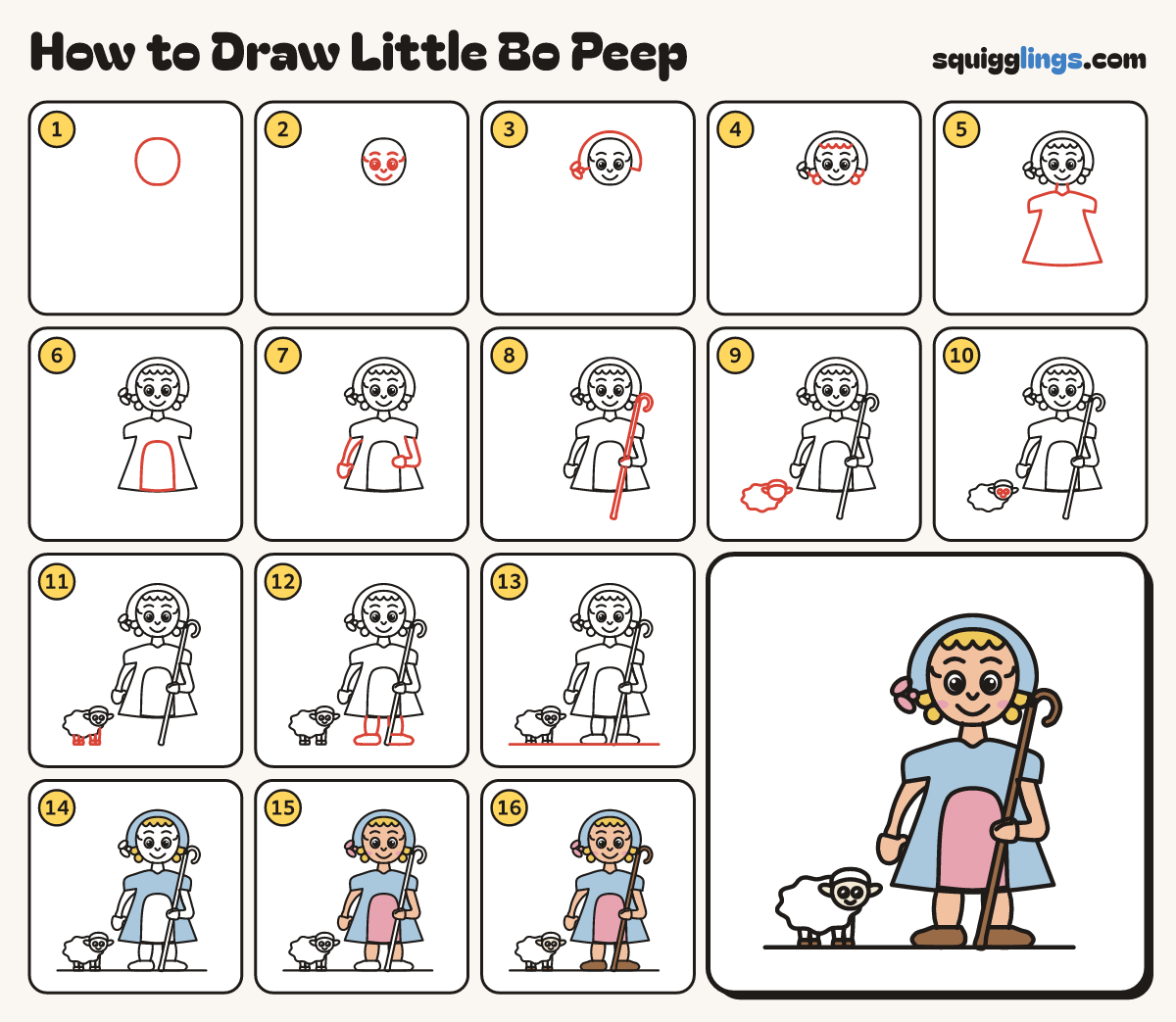 How to Draw Little Bo Peep step by step: all 16 steps in one picture