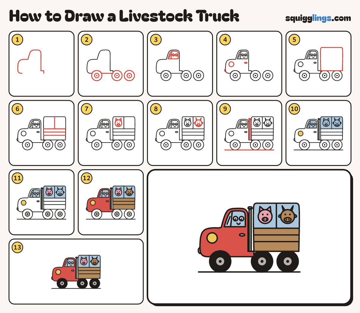 How to Draw a Livestock Truck step by step: all 13 steps in one picture
