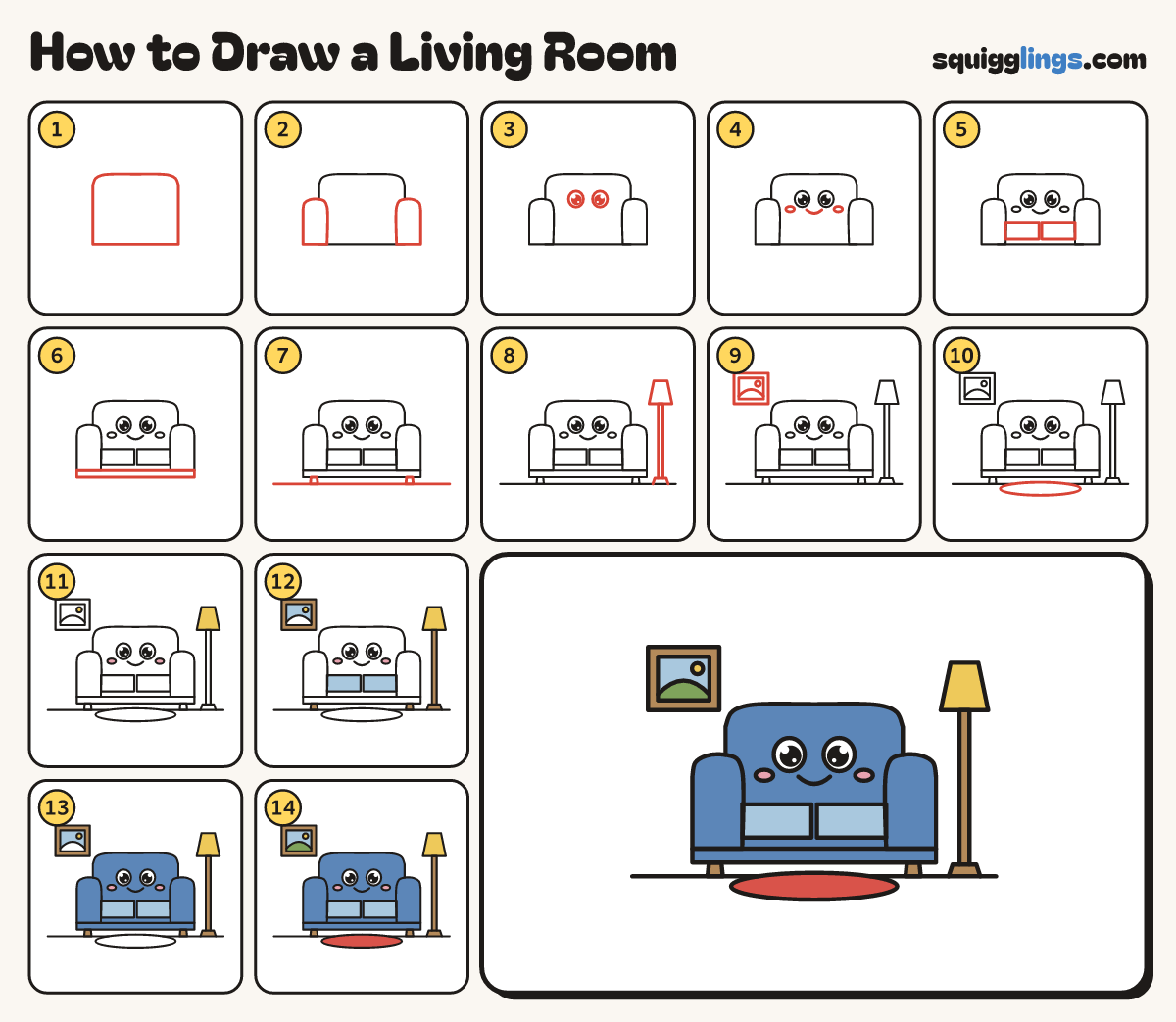 How to Draw a Living Room step by step: all 14 steps in one picture