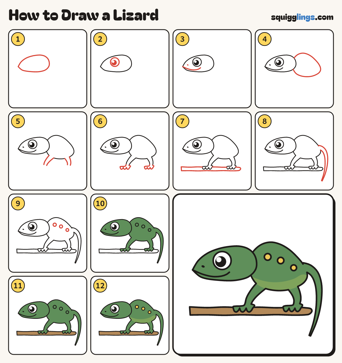 How to Draw a Lizard step by step: all 12 steps in one picture