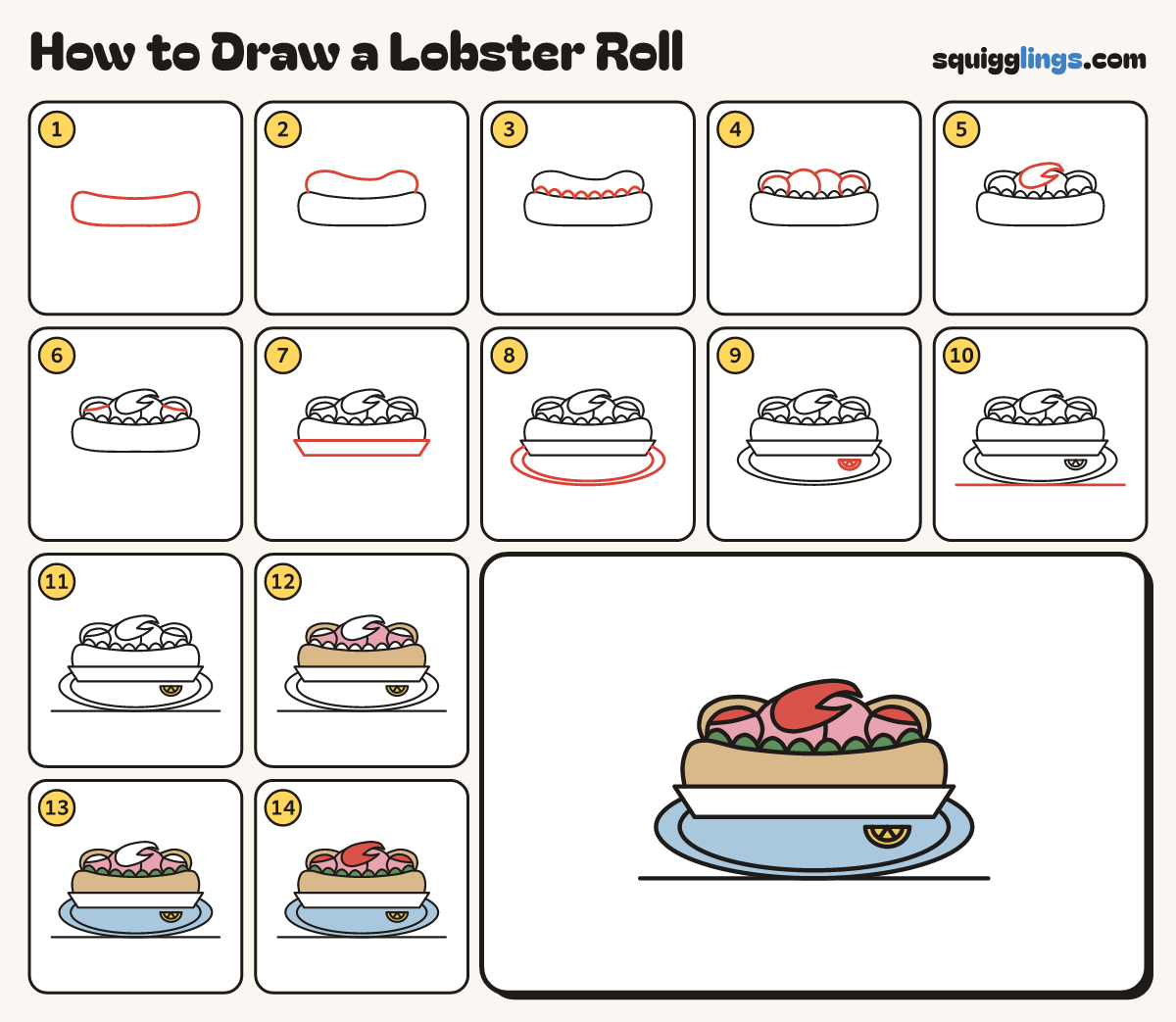 How to Draw a Lobster Roll step by step: all 14 steps in one picture