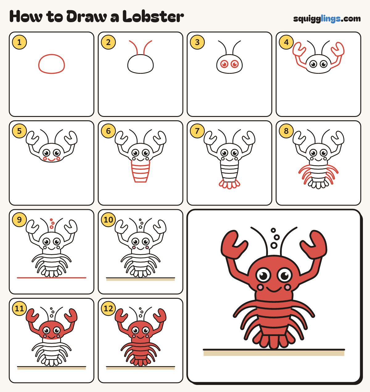 How to Draw a Lobster step by step: all 12 steps in one picture