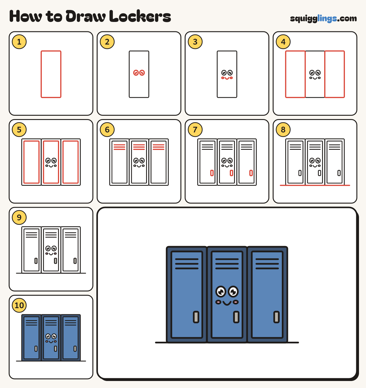 How to Draw Lockers step by step: all 10 steps in one picture