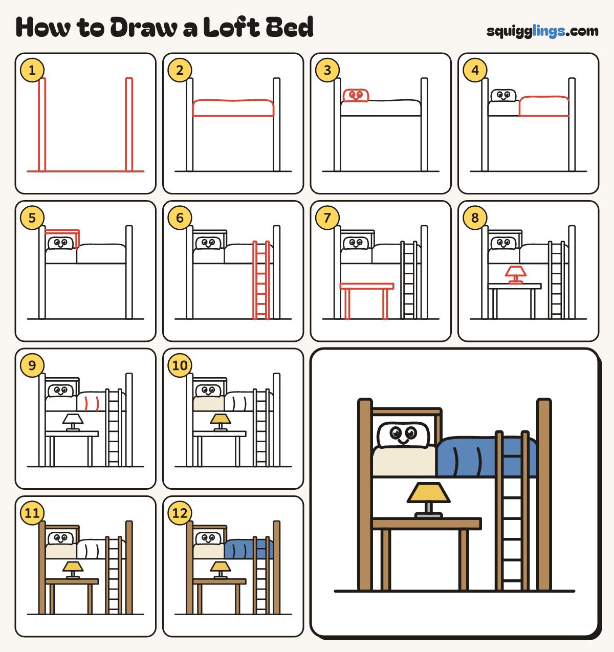 How to Draw a Loft Bed step by step: all 12 steps in one picture