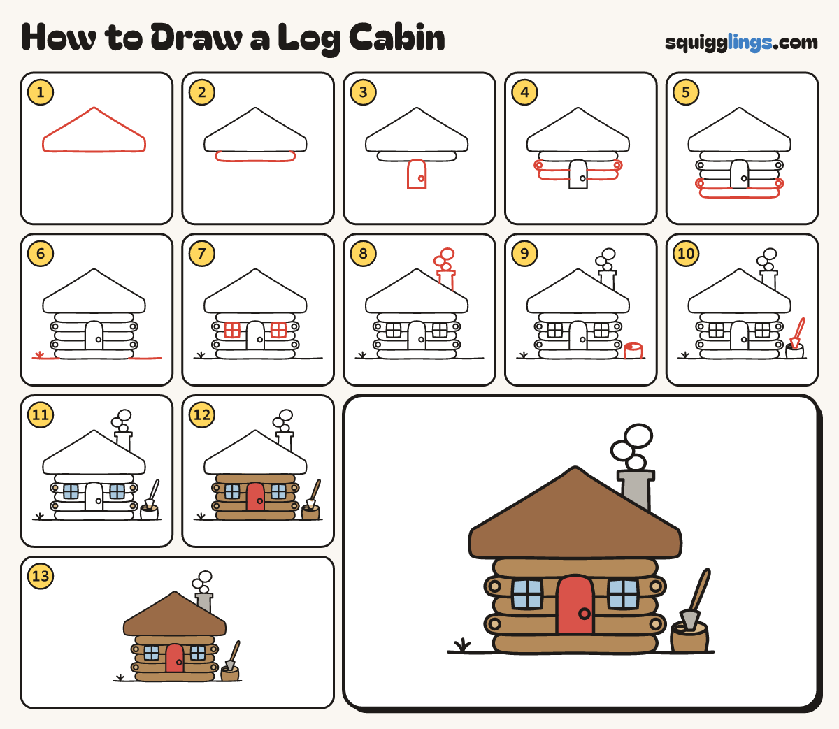How to Draw a Log Cabin step by step: all 13 steps in one picture
