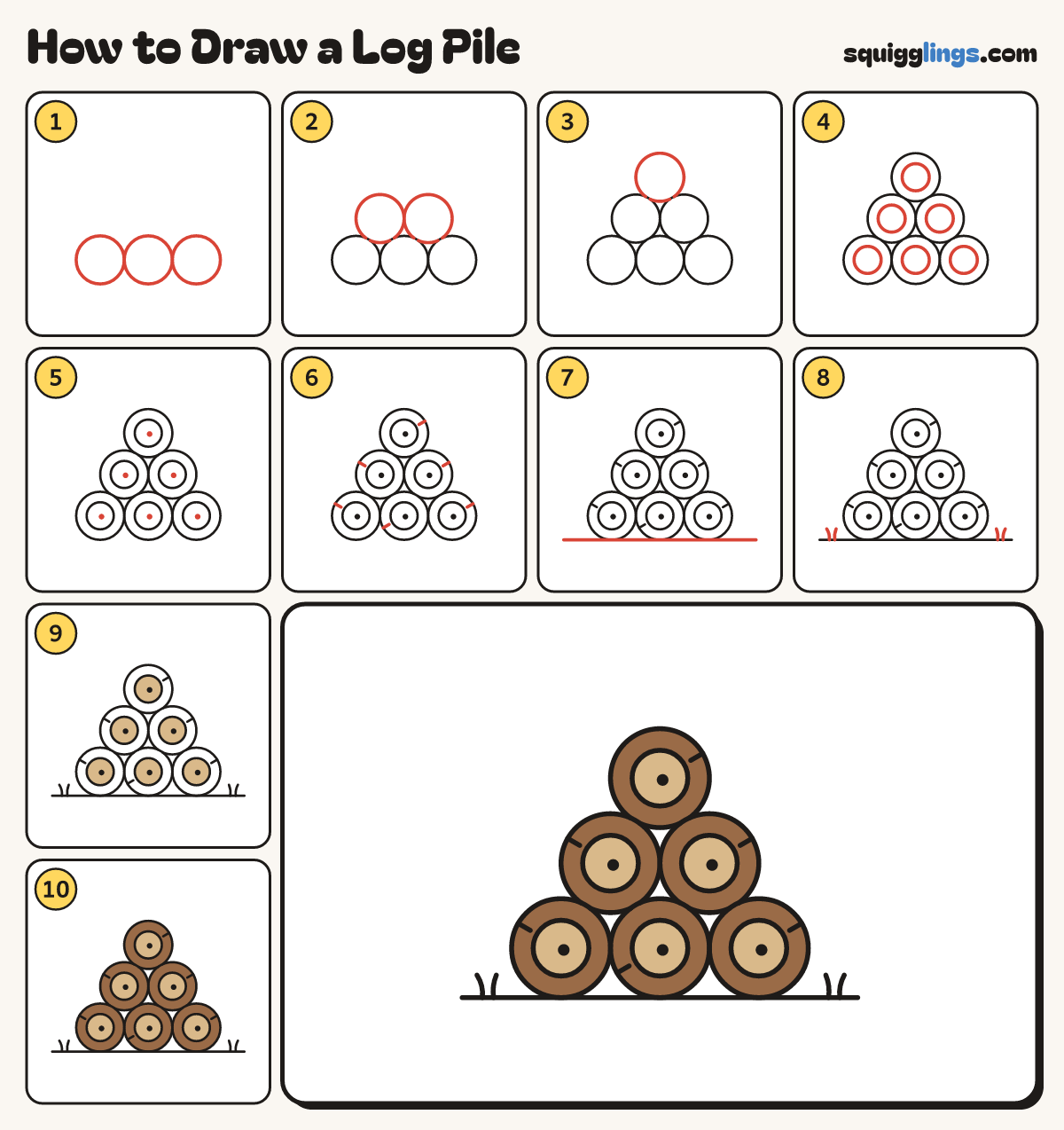 How to Draw a Log Pile step by step: all 10 steps in one picture
