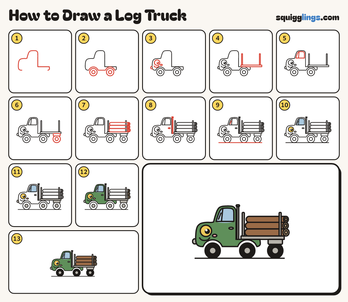 How to Draw a Log Truck step by step: all 13 steps in one picture