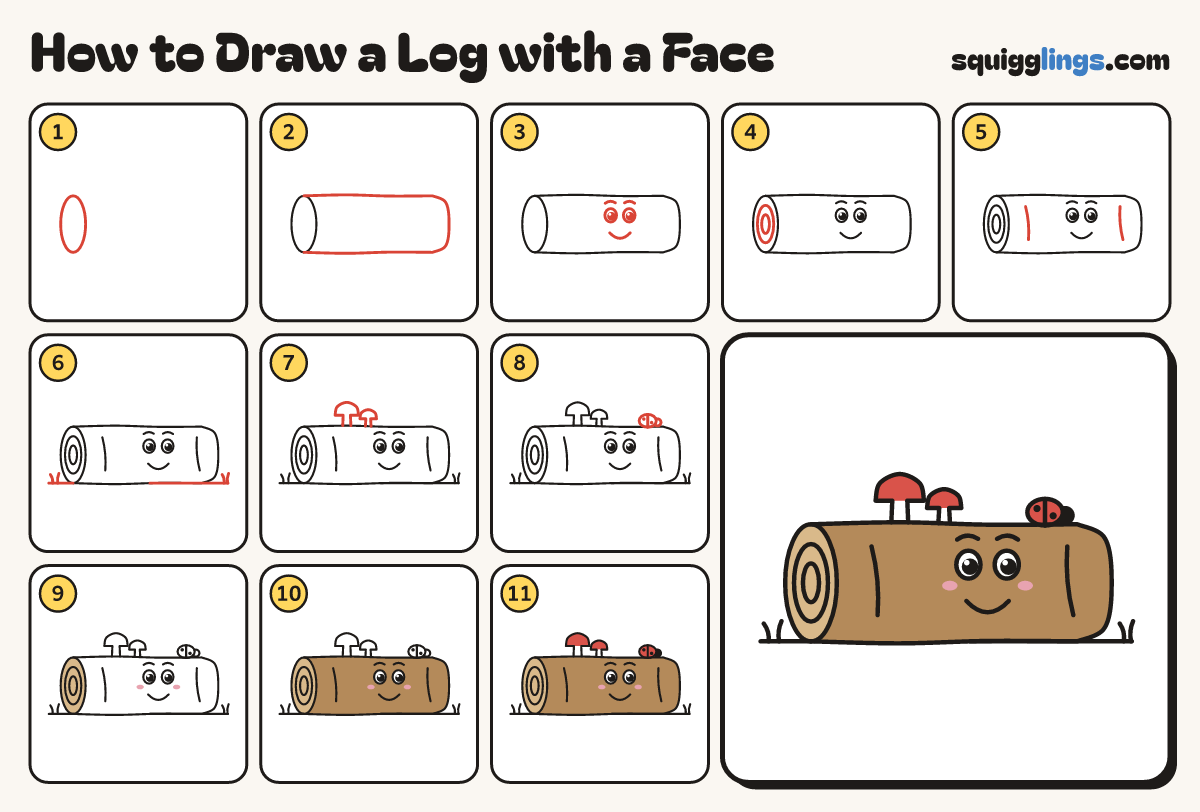 How to Draw a Log with a Face step by step: all 11 steps in one picture