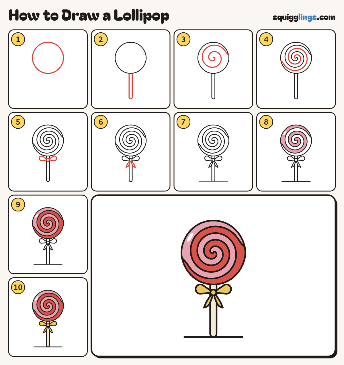 How to Draw a Lollipop step by step: all 10 steps in one picture