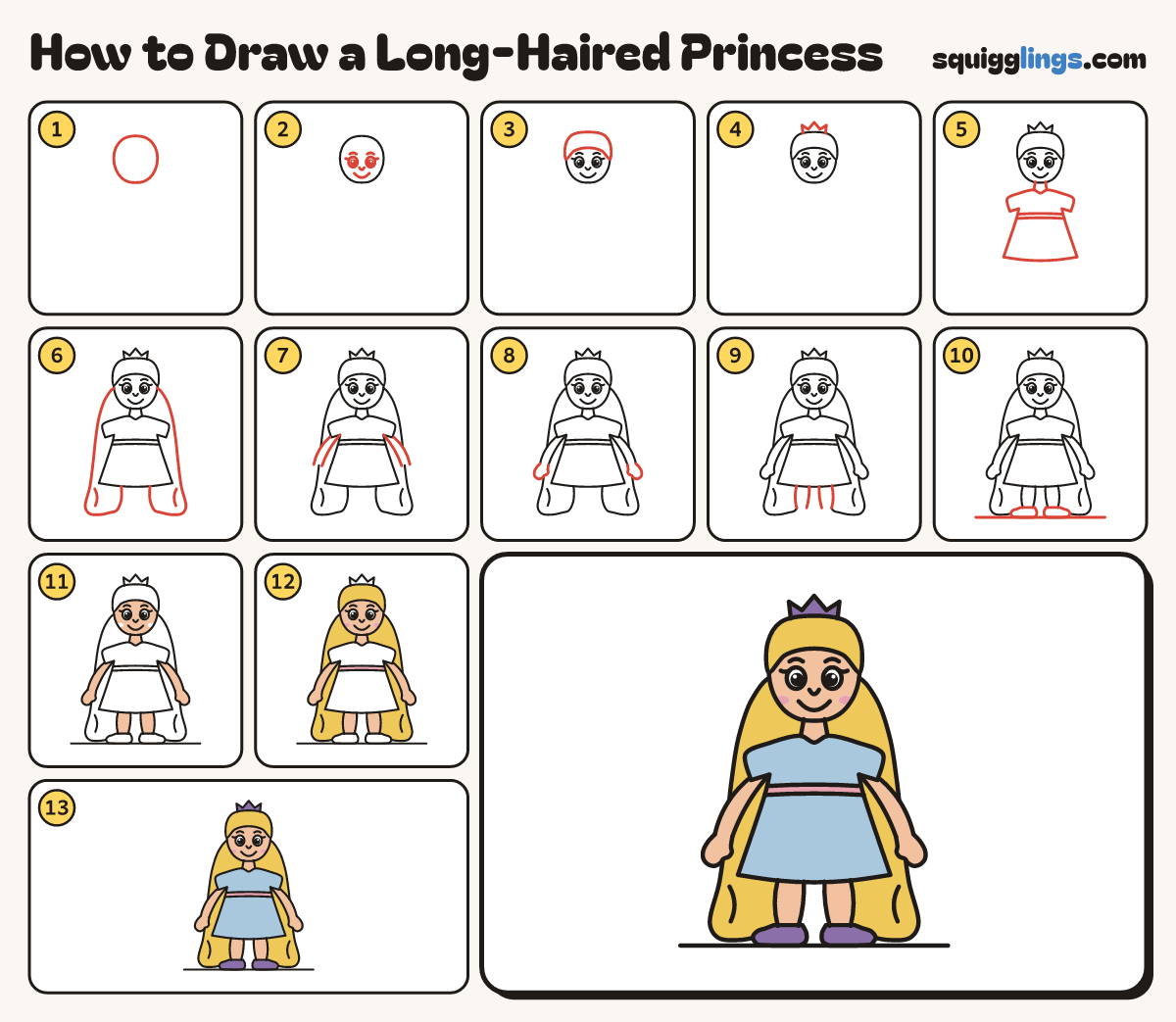 How to Draw a Long-Haired Princess step by step: all 13 steps in one picture