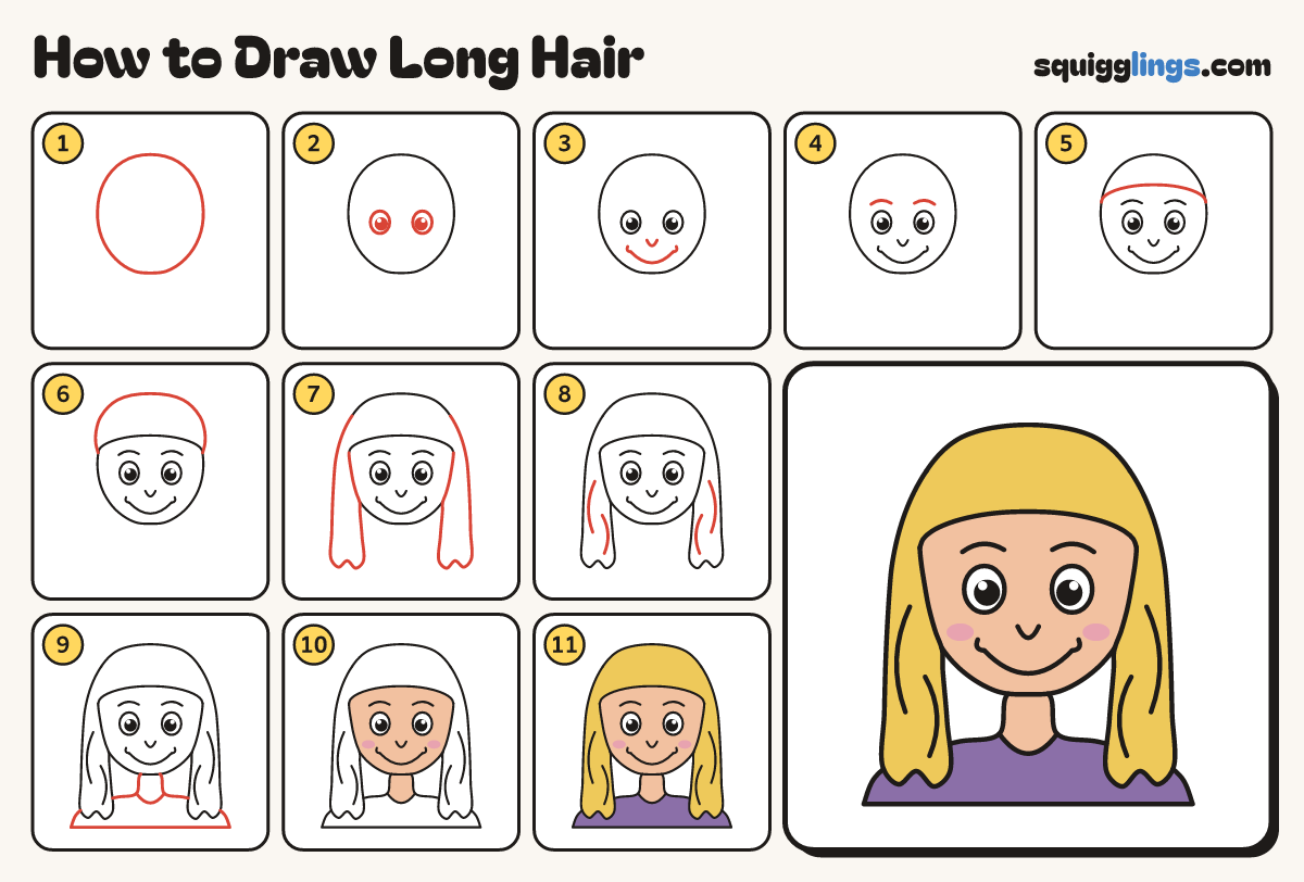 How to Draw Long Hair step by step: all 11 steps in one picture
